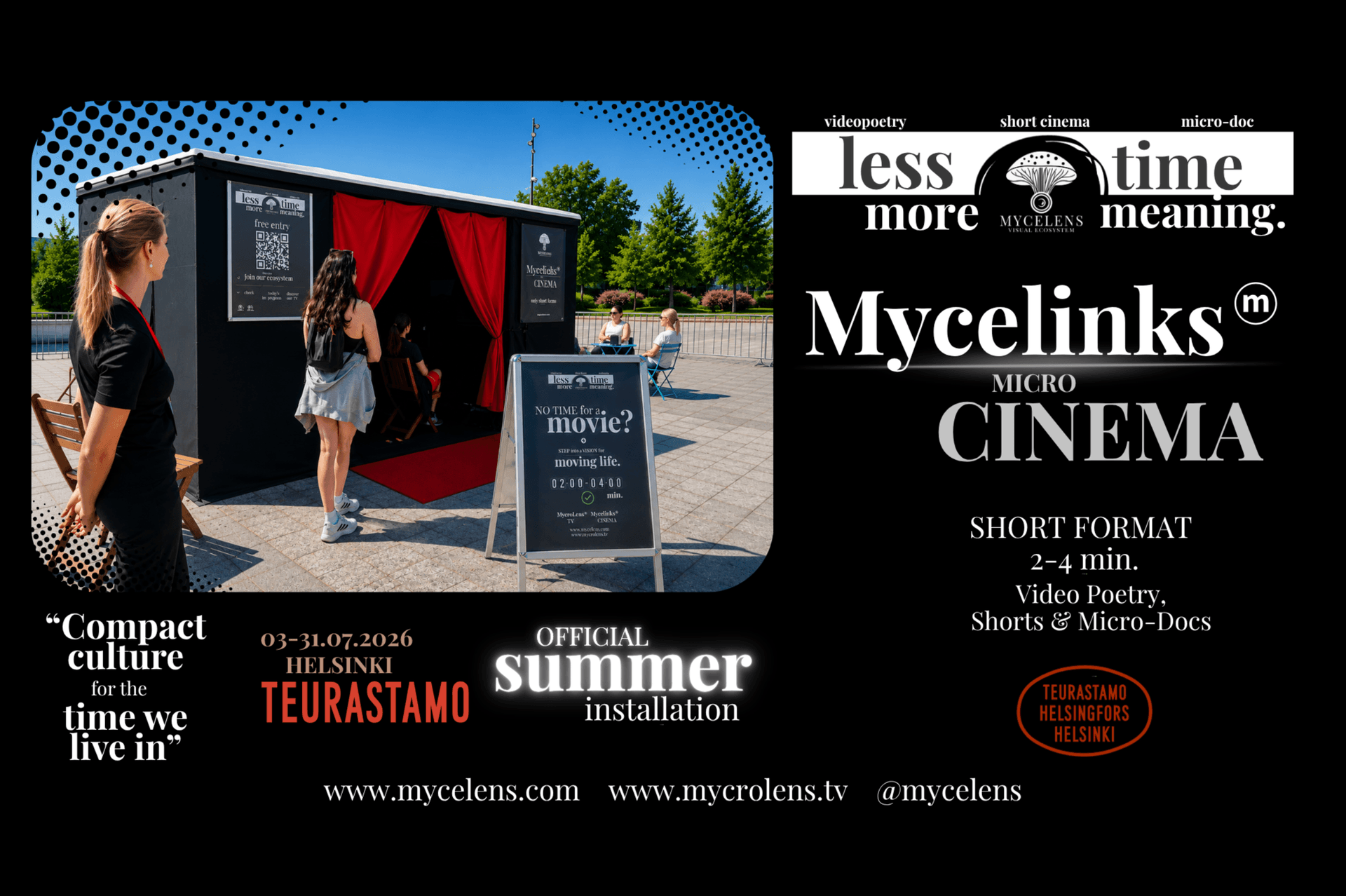 MyceLinks Micro Cinema promotional poster showing a small outdoor cinema at Teurastamo, Helsinki. Visitors gather to watch free 2–4 minute screenings of videopoetry, micro-docs and short films during the official summer installation.
