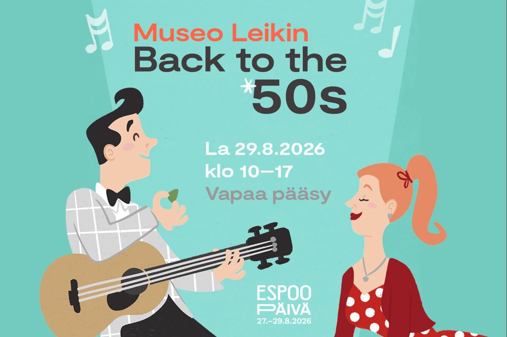 Piirretty Elvis-tyyppinen mies kitaran kanssa ja ponnaripäinen nainen pallomekossa.