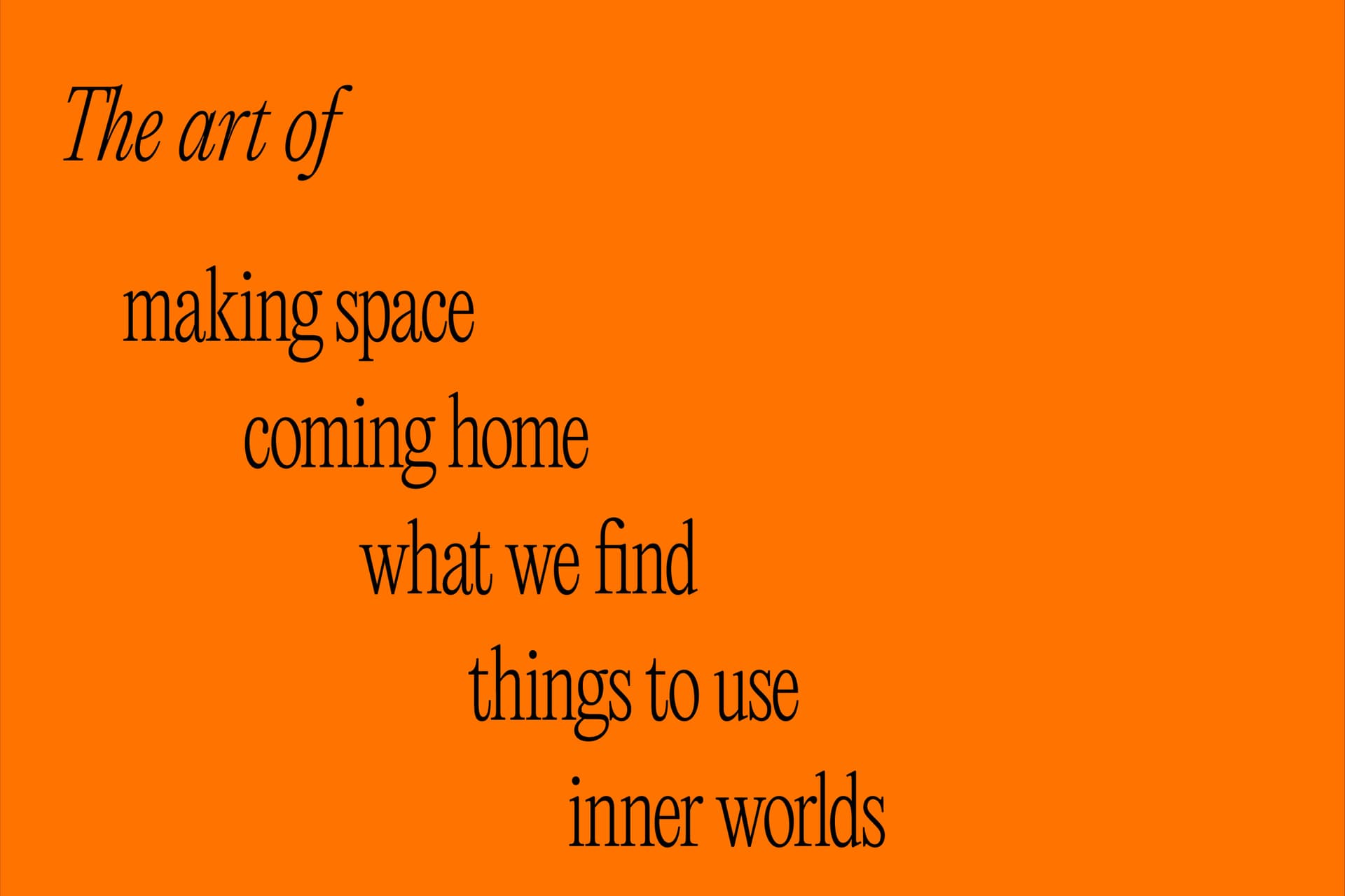 Visualisoitu teksti: The art of  making space, coming home, what we find, things to use, inner worlds