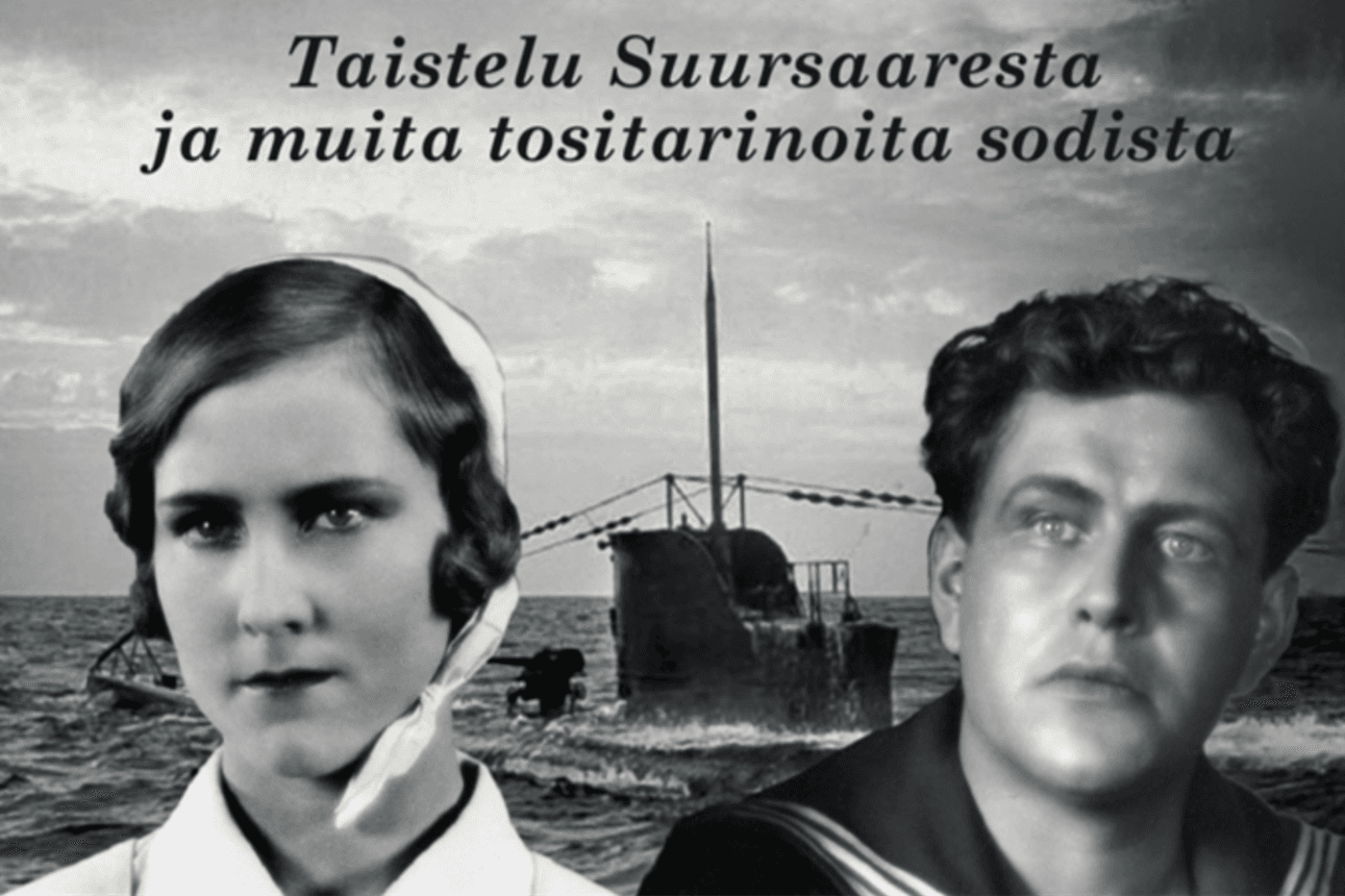 Naisen ja miehen kasvot, taustalla sota-ajan merikalustoa ja itämerta.