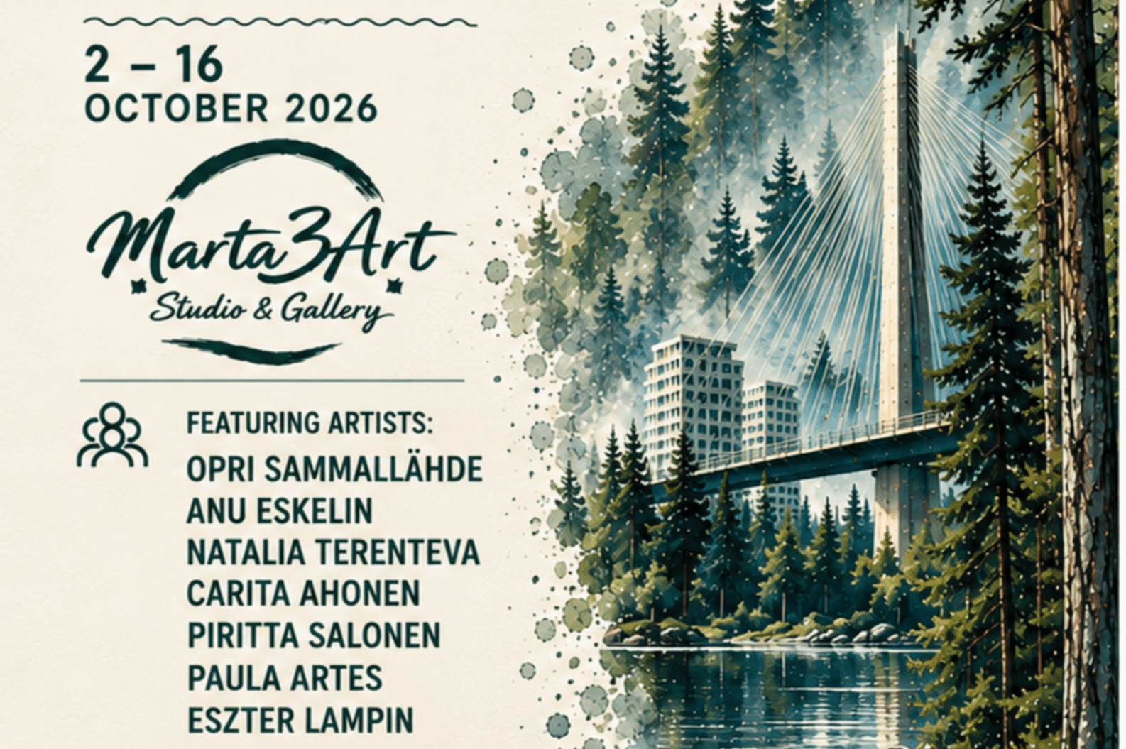 Poster for the METSÄ group exhibition at Marta3Art Studio & Gallery, featuring a forest-themed design and participating artists.