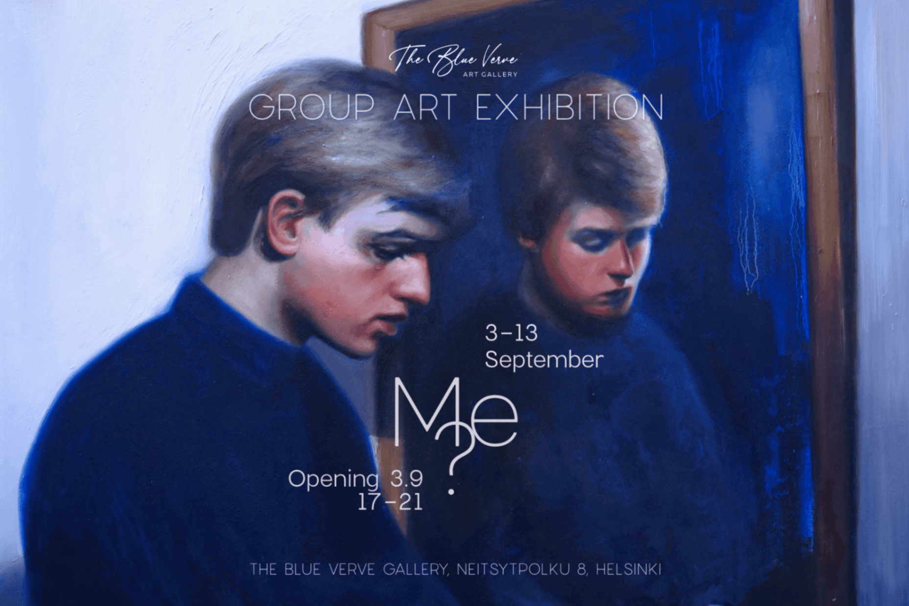 Moody blue-toned painting of two contemplative young people in profile; poster announces a group art exhibition, Sept. 3-13, in Helsinki.