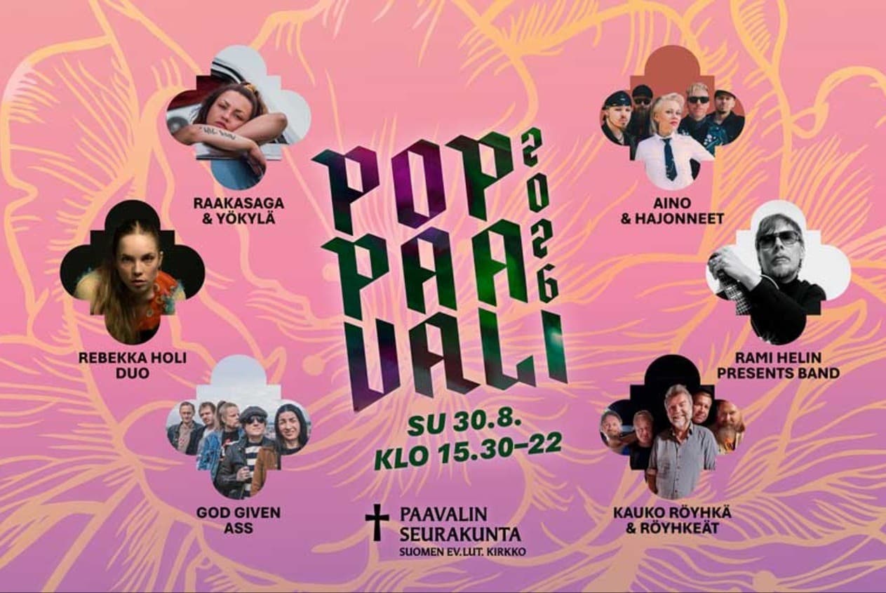 PopPaavalia mainostava kuva, jossa kuvia esiintyjistä