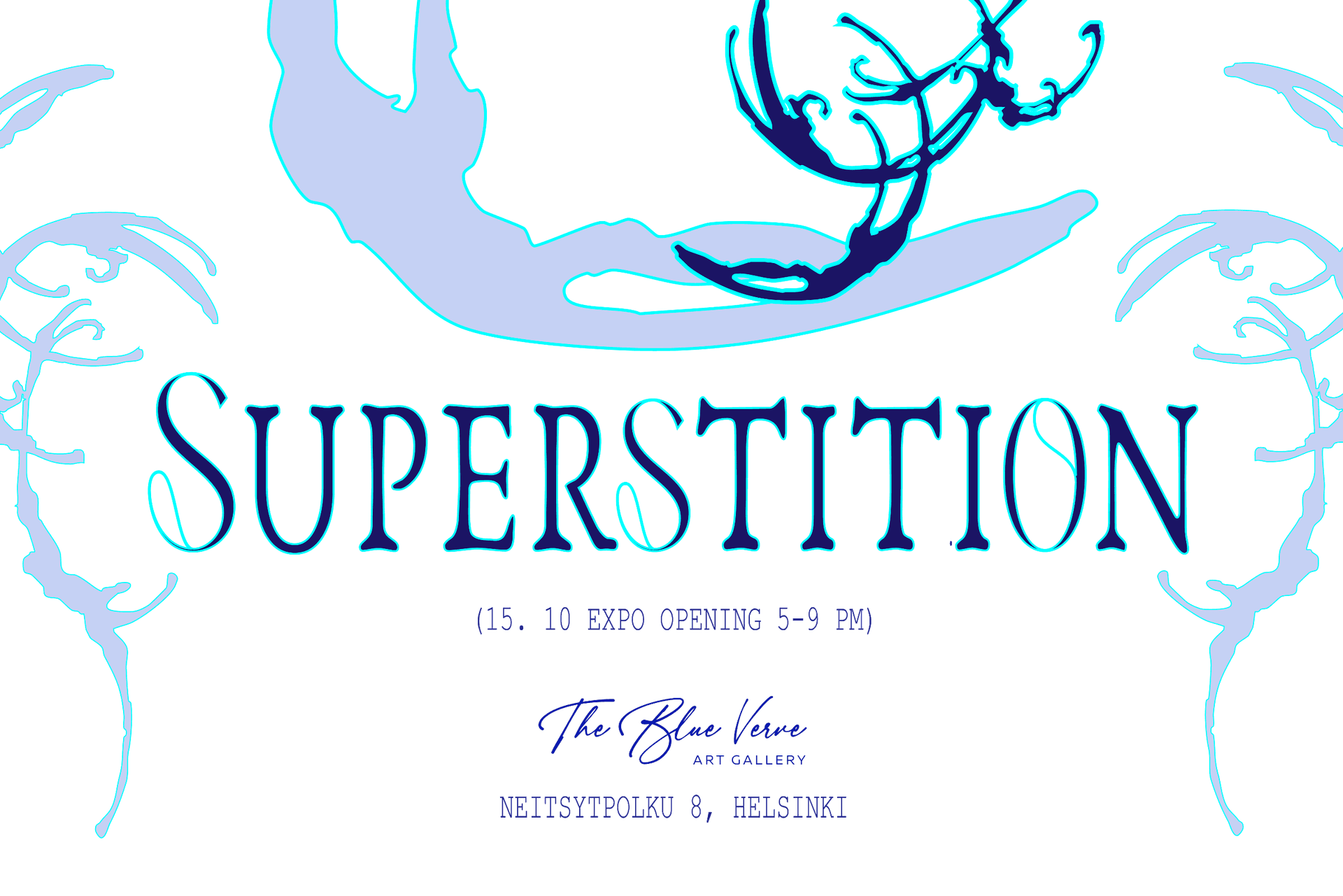 Pale blue and navy abstract branches frame “SUPERSTITION” on a white exhibition poster: airy, mysterious tone.