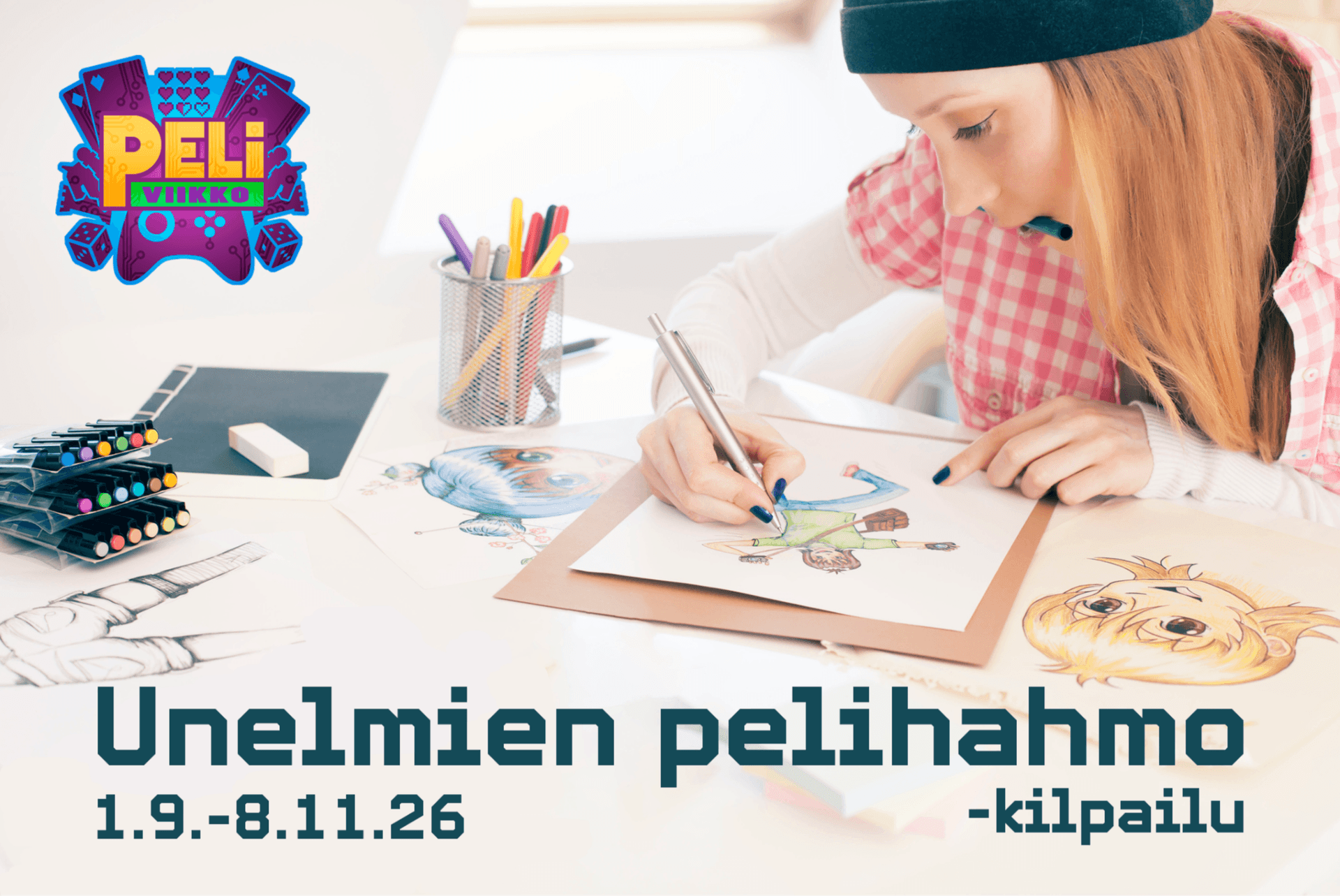 Nuori piirää pöydän ääressä unelmiensa pelihahmoa. Pöydällä on myös useampi valmis kuva muista hahmoista.