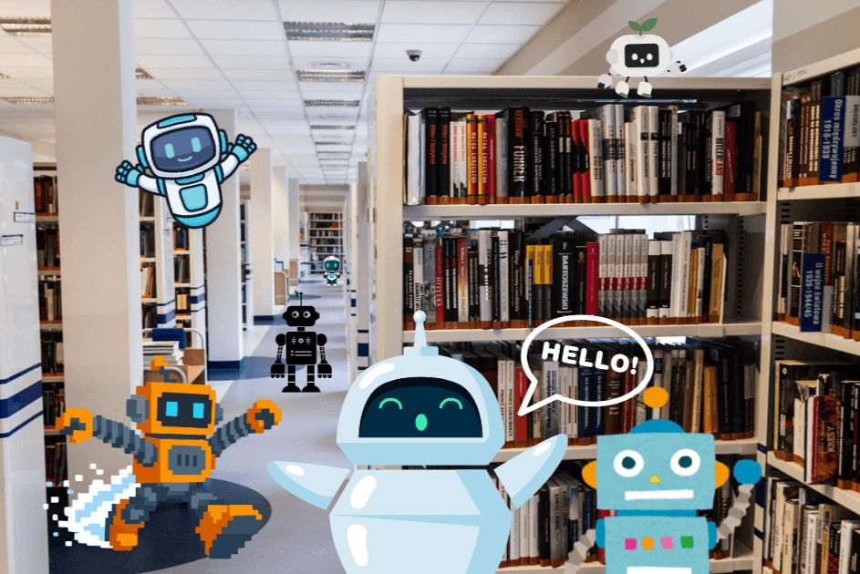 Erilaisia piirrosrobotteja kirjastossa