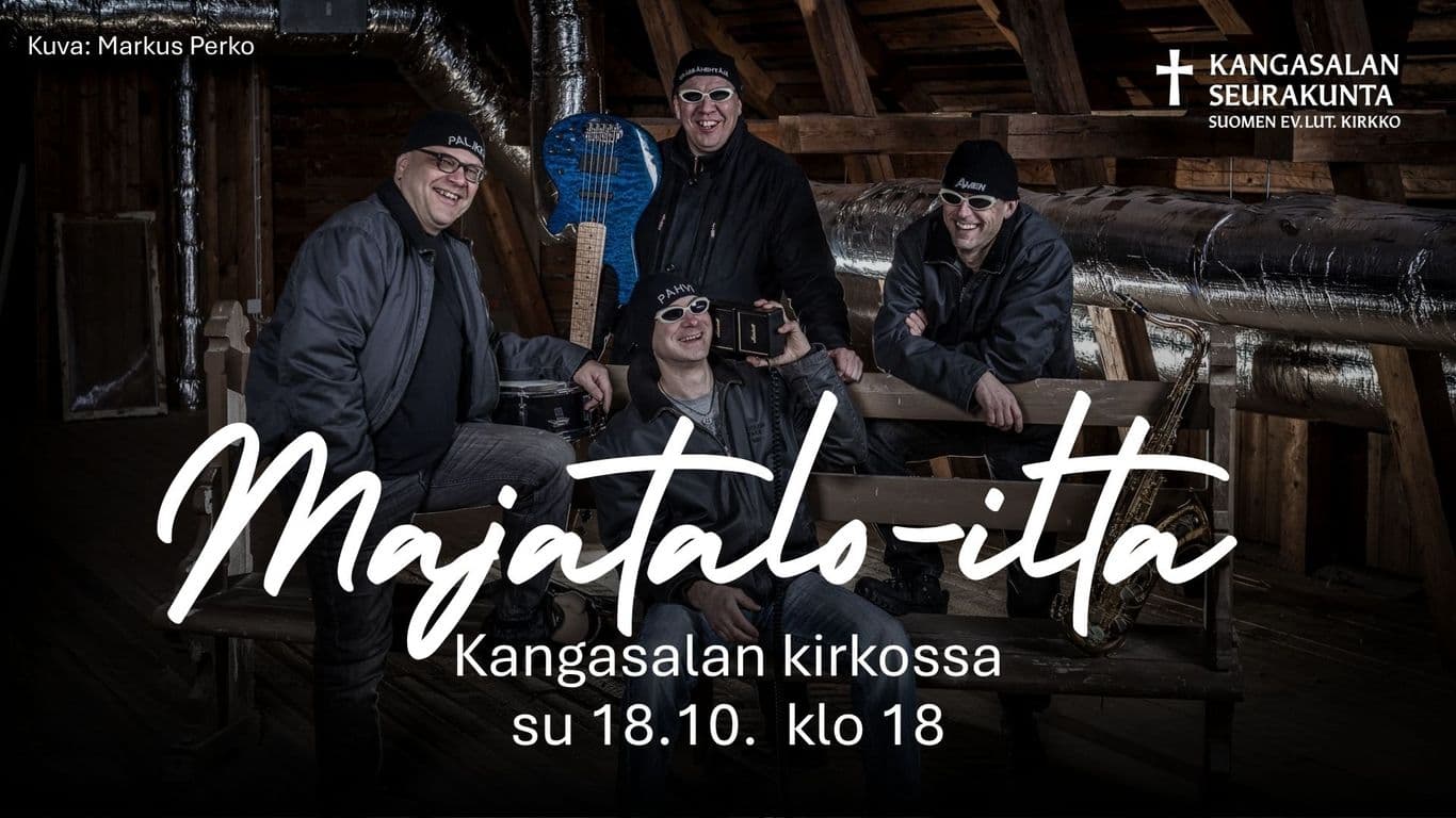 18.10. klo 18 järjestettävän Kangasalan Majatalo-illan mainoskuva. Markus Perkon ottama valokuva hymyt kasvoillaan poseeraavista Mooseksen Parta -yhtyeen jäsenistä.