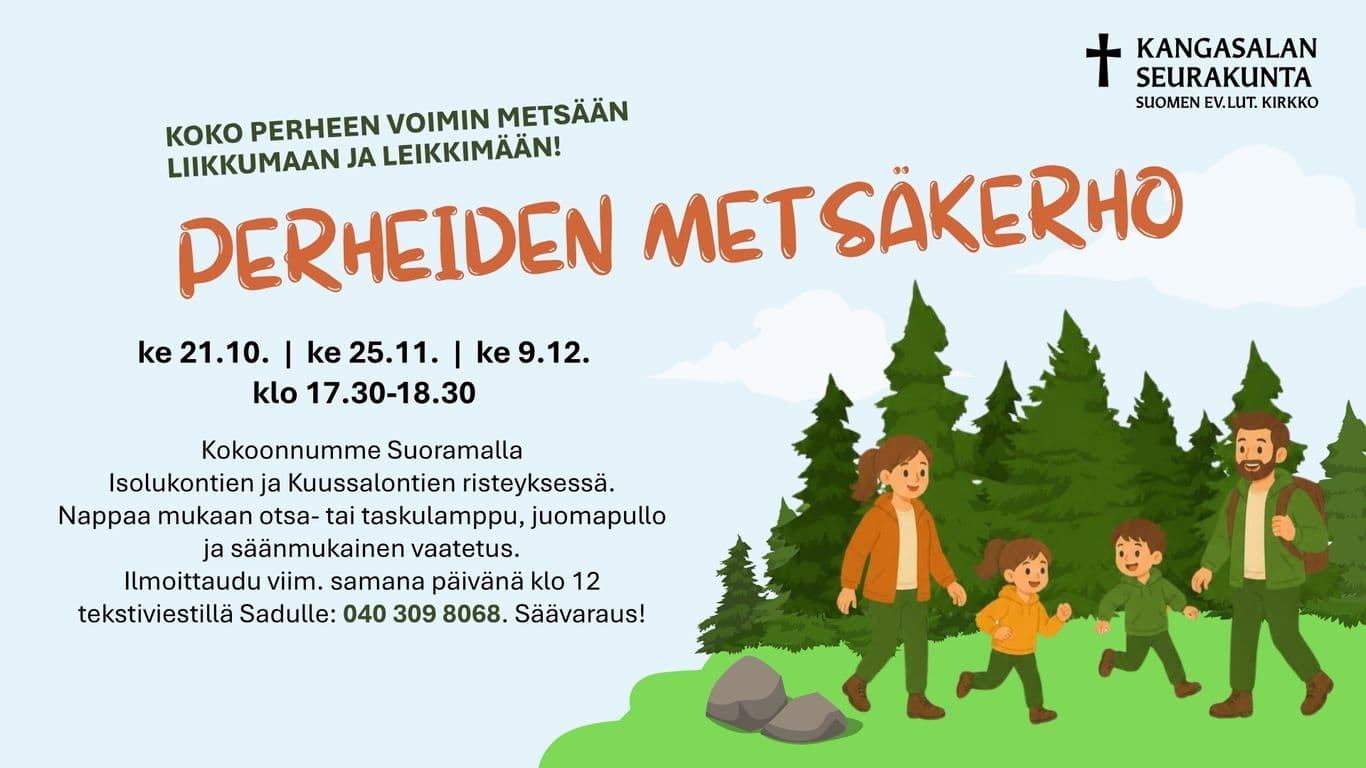 Piirroskuvassa nelihenkinen perhe liikkuu metsämaisemassa.