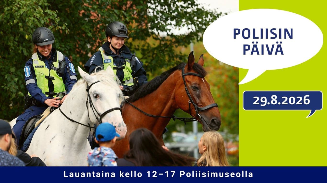 Kaksi hymyilevää ratsupoliisia istuu hevosten selässä. Lapset silittävät hevosia. Kuvassa teksti Poliisin päivä 29.8.2026.
