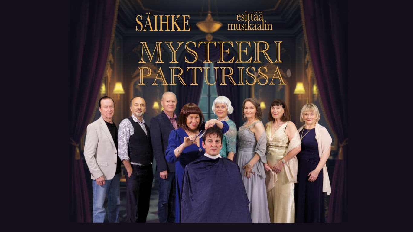 Mainosjuliste, jossa on Säihke-ryhmän esiintyjät sekä teksti "Säihke esittää musikaalin Mysteeri parturissa"
