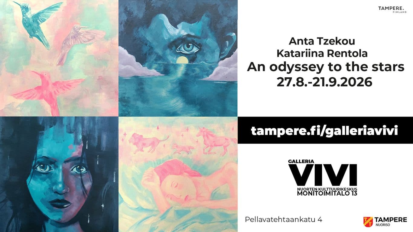 Näyttelyjuliste, jossa kaksi teosta molemmilta taiteilijoilta