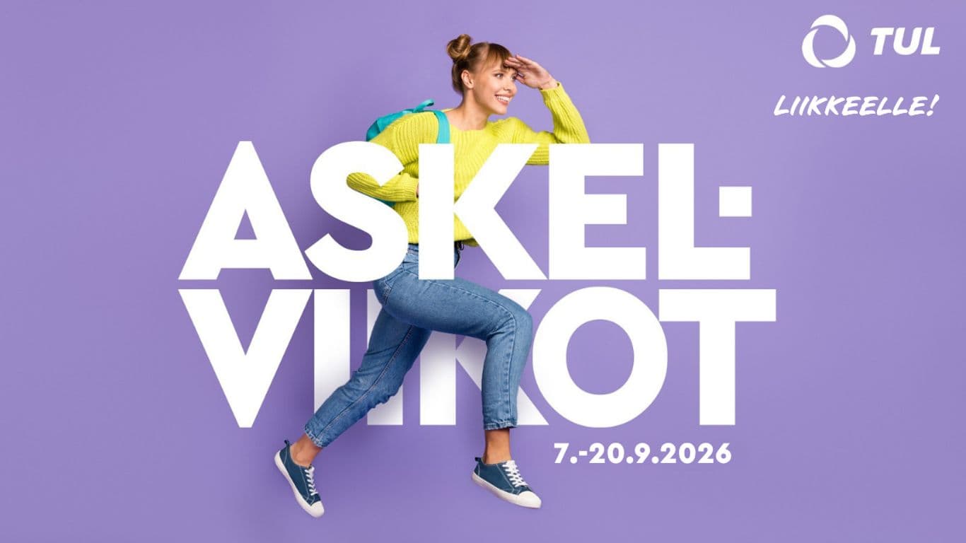 Askelviikot on valtakunnallinen kävelykampanja. Kuvassa on henkilö ja tiedoissa on mainittu Askelviikkojen päivämäärät 7.-20.9.2026. Tausta on violetin värinen