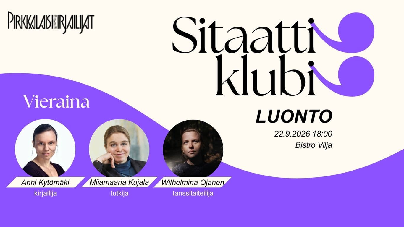 Kuvassa on Sitaattiklubi-tapahtuman mainos. Kuvassa on tapahtuman ja järjestäjän logot, tapahtumatiedot sekä esiintyjien valokuvat.