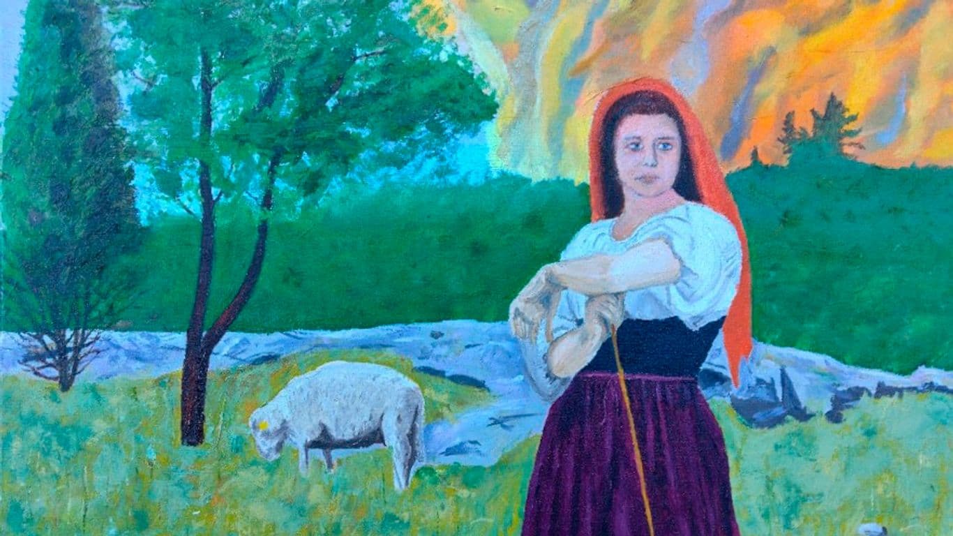 Maalauksessa punahuivinen nainen niityllä, taustalla puita, lammas ja liekehtivä taivas.