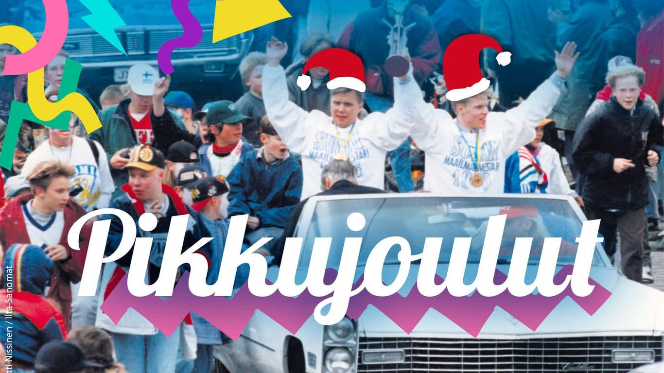 Kuvassa voitonparaati vuonna 1995 voitetusta jääkiekkomestaruudesta. Kuvan päällä jouluteemaisia tehosteita.