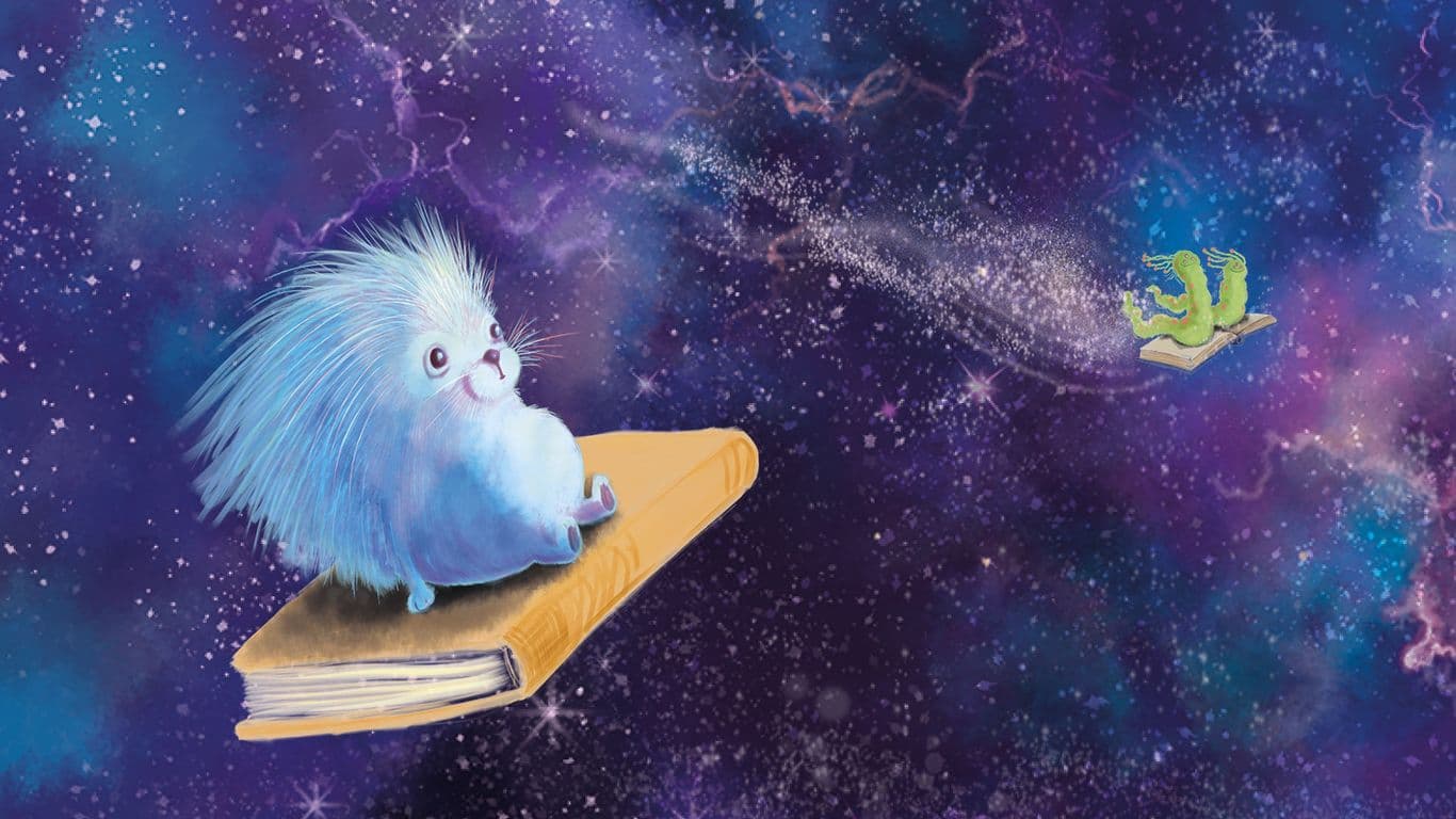 Siili lentää kirjan päällä avaruudessa.