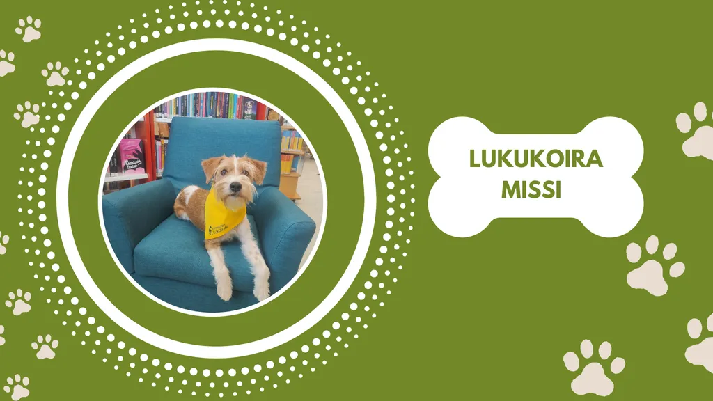 Lukukoira Missi Reposaaren kirjastossa