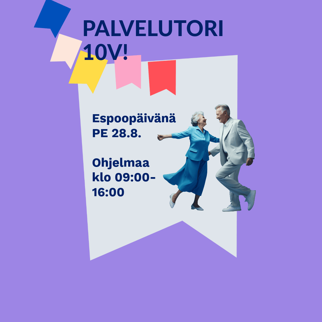 Lilalla taustalla iloisen värisiä viirejä sekä vanhempi pariskunta tanssin pyörteissä. Teksti: Palvelutori 10v! Espoopäivänä Pe 28.8. Ohjelmaa kello 09:00-16:00