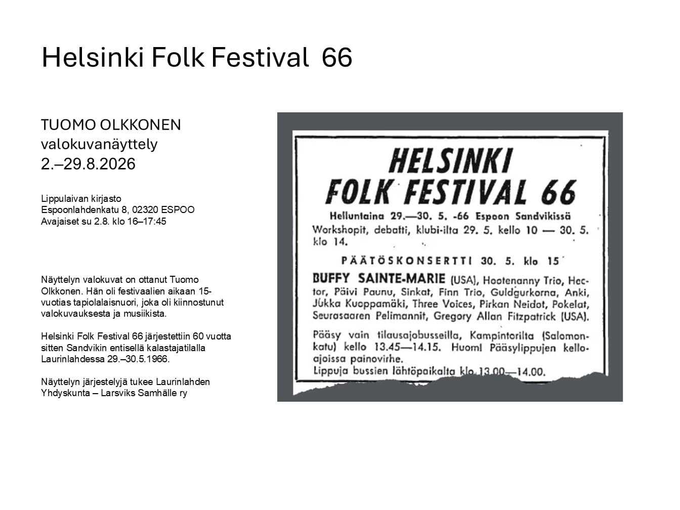 Helsinki Folk Festival 66'n sanomalehtimainos vanhantyyppisellä kirjasinmerkeillä