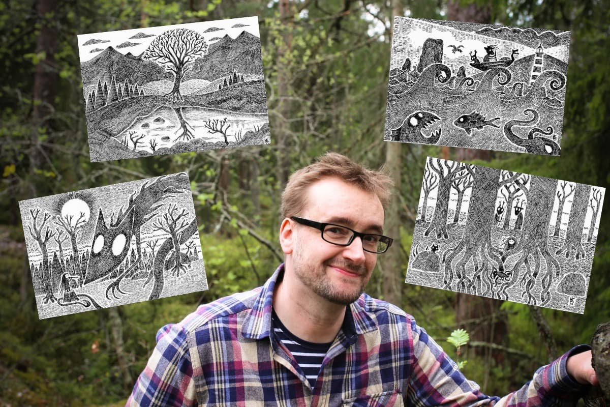 Taiteilija ja kuvaaja Lars Kastilan metsässä. Ympärille on laitettu kuvia hänen mustavalkoisista tussitöistään, joiden teemana on metsä ja mielikuvitukselliset olennot.