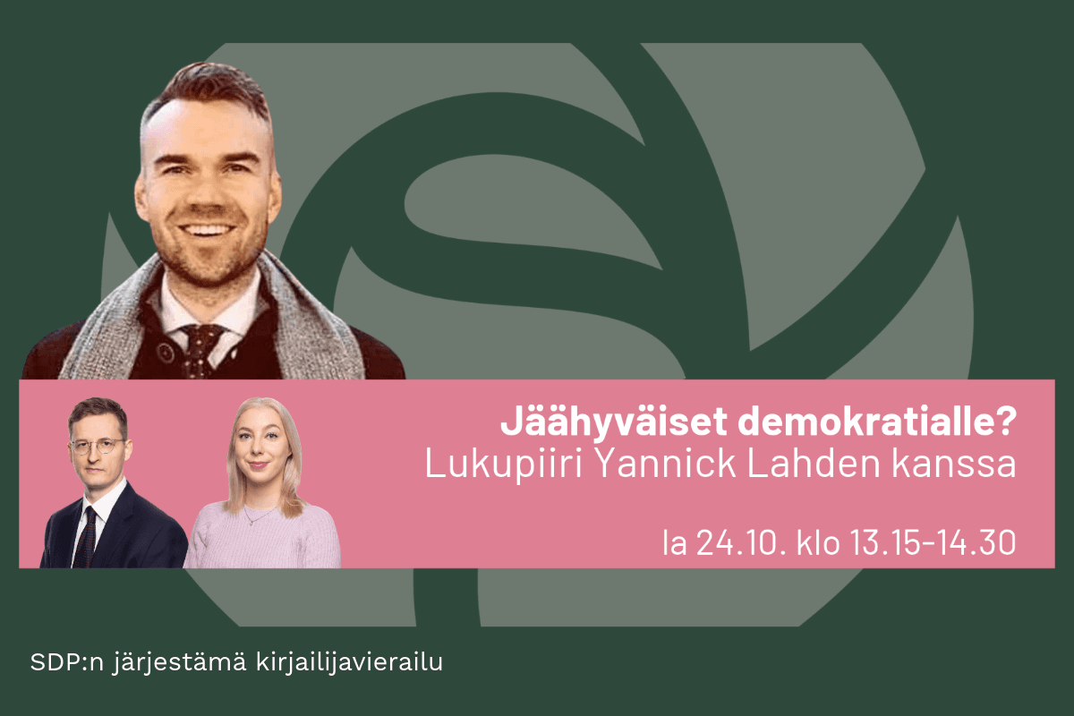 Ruskeahiuksinen, siisti parransänkinen iloinen mieshenkilö hymyilee kravaatti kaulassa, harmaa villakangashuivi olkien yli. Teksti: Jäähyväiset demokratialle? Lukupiiri Yannick Lahden kanssa La 24.10 Klo 13:15-14:30