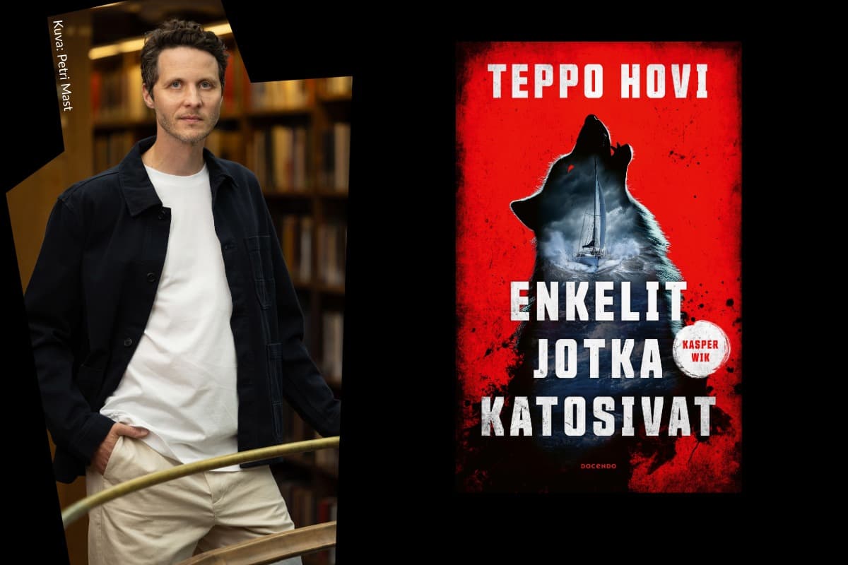 Kirjailija Teppo Hovi seisoo kädet taskussa ja katsoo kameraan vakava ilme kasvoillaan. Taustalla on kirjahyllyjä. Vieressä on kuva hänen kirjansa kannesta. Kannessa on punainen tausta, ulvova susi ja purjevene. Kirjan nimi on Enkelit jotka katosivat.