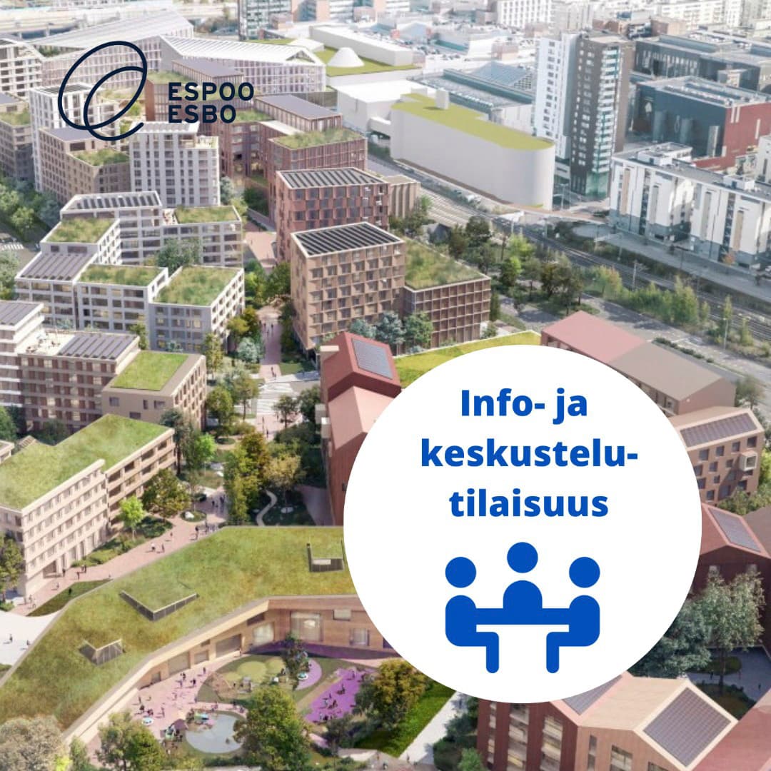 Suunnitteluluonnoksen näkymä lännestä Leppävaaransillan kaavaan. Taustalla olemassa oleva tornitalo. Edustalla suunniteltuja viherkattoja ja kerrostaloja.