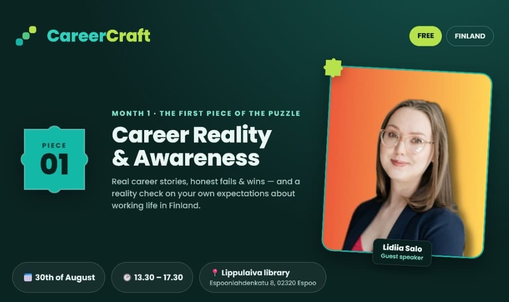 Kuvassa on tapahtuman tiedot ja siinä lukee englanniksi career reality &awareness ja siinä on tapahtumassa puhuvan Lidiia Salon kuva.